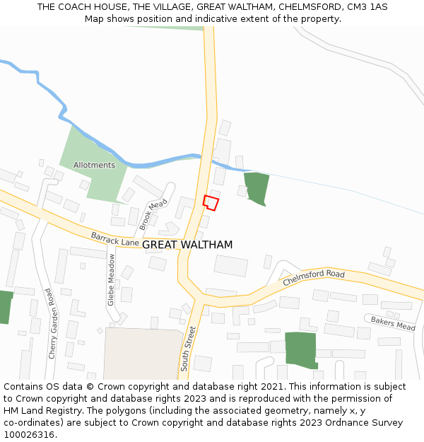 THE COACH HOUSE, THE VILLAGE, GREAT WALTHAM, CHELMSFORD, CM3 1AS: Location map and indicative extent of plot