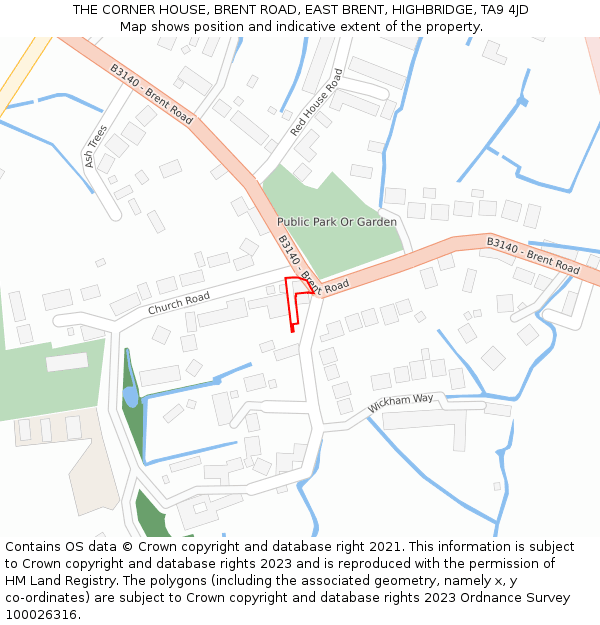 THE CORNER HOUSE, BRENT ROAD, EAST BRENT, HIGHBRIDGE, TA9 4JD: Location map and indicative extent of plot