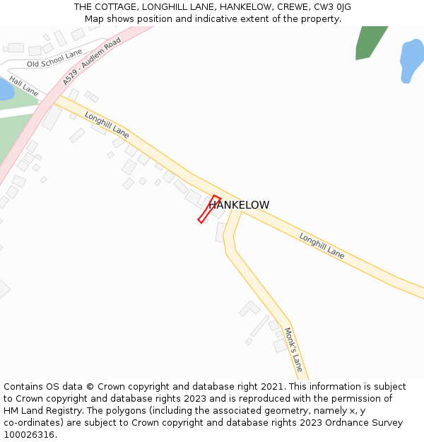 THE COTTAGE, LONGHILL LANE, HANKELOW, CREWE, CW3 0JG: Location map and indicative extent of plot