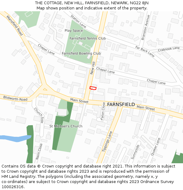 THE COTTAGE, NEW HILL, FARNSFIELD, NEWARK, NG22 8JN: Location map and indicative extent of plot