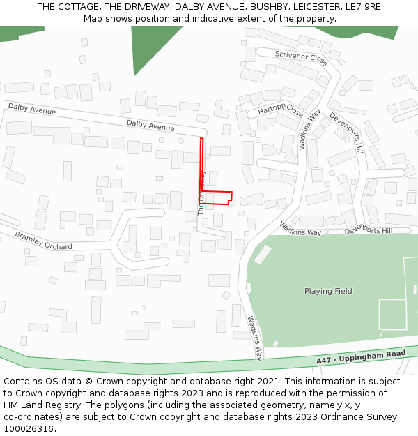 THE COTTAGE, THE DRIVEWAY, DALBY AVENUE, BUSHBY, LEICESTER, LE7 9RE: Location map and indicative extent of plot