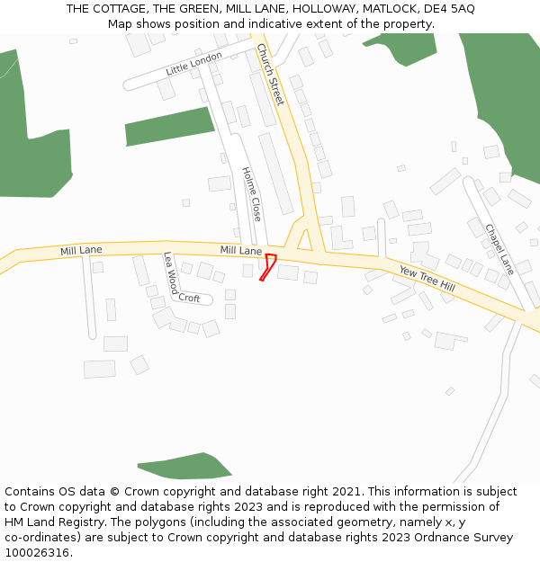 THE COTTAGE, THE GREEN, MILL LANE, HOLLOWAY, MATLOCK, DE4 5AQ: Location map and indicative extent of plot