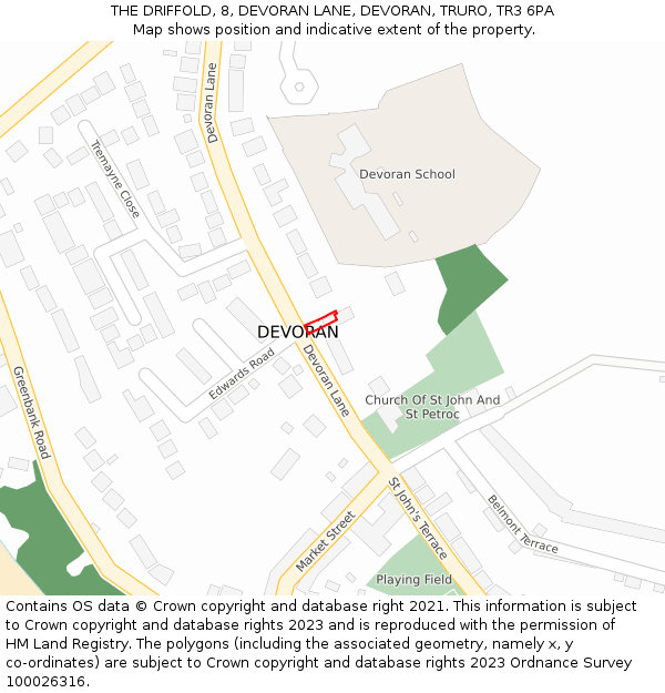THE DRIFFOLD, 8, DEVORAN LANE, DEVORAN, TRURO, TR3 6PA: Location map and indicative extent of plot