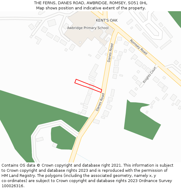 THE FERNS, DANES ROAD, AWBRIDGE, ROMSEY, SO51 0HL: Location map and indicative extent of plot