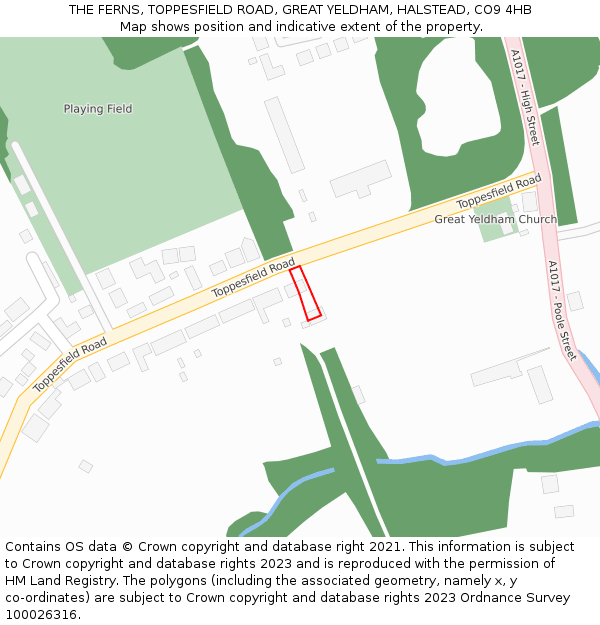 THE FERNS, TOPPESFIELD ROAD, GREAT YELDHAM, HALSTEAD, CO9 4HB: Location map and indicative extent of plot