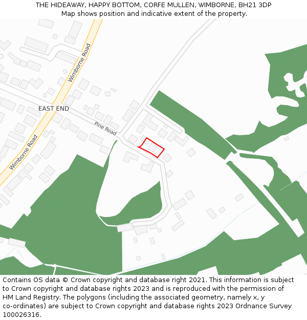 THE HIDEAWAY, HAPPY BOTTOM, CORFE MULLEN, WIMBORNE, BH21 3DP: Location map and indicative extent of plot