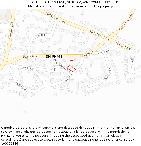 THE HOLLIES, ALLENS LANE, SHIPHAM, WINSCOMBE, BS25 1TD: Location map and indicative extent of plot