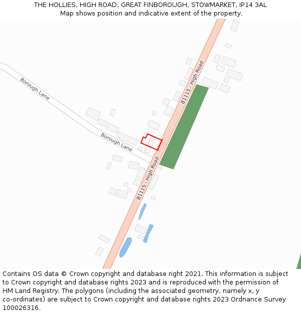 THE HOLLIES, HIGH ROAD, GREAT FINBOROUGH, STOWMARKET, IP14 3AL: Location map and indicative extent of plot