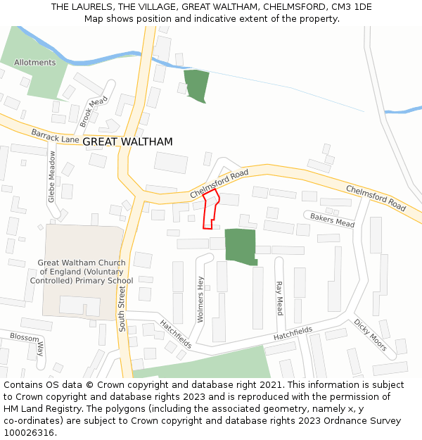 THE LAURELS, THE VILLAGE, GREAT WALTHAM, CHELMSFORD, CM3 1DE: Location map and indicative extent of plot