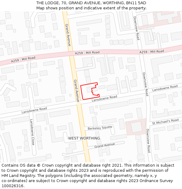 THE LODGE, 70, GRAND AVENUE, WORTHING, BN11 5AD: Location map and indicative extent of plot