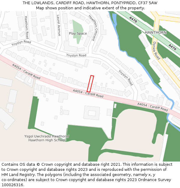 THE LOWLANDS, CARDIFF ROAD, HAWTHORN, PONTYPRIDD, CF37 5AW: Location map and indicative extent of plot