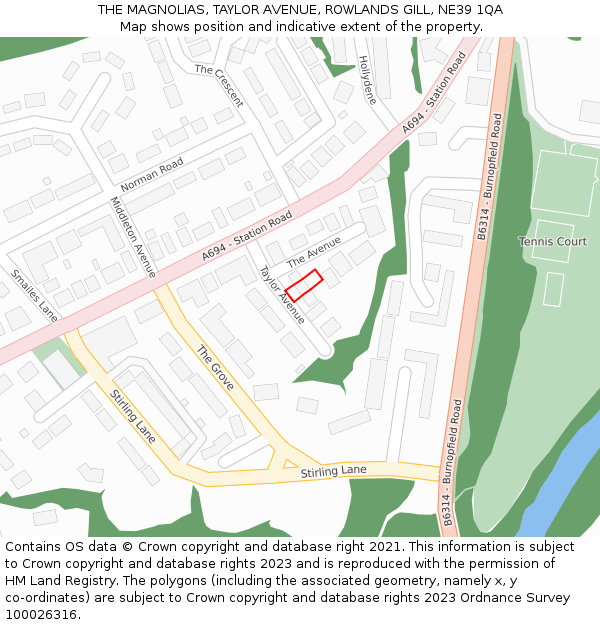 THE MAGNOLIAS, TAYLOR AVENUE, ROWLANDS GILL, NE39 1QA: Location map and indicative extent of plot