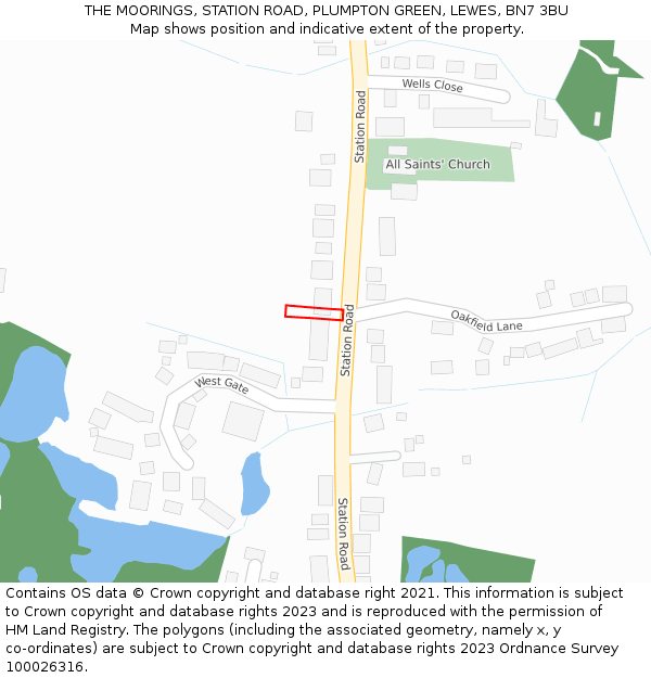 THE MOORINGS, STATION ROAD, PLUMPTON GREEN, LEWES, BN7 3BU: Location map and indicative extent of plot