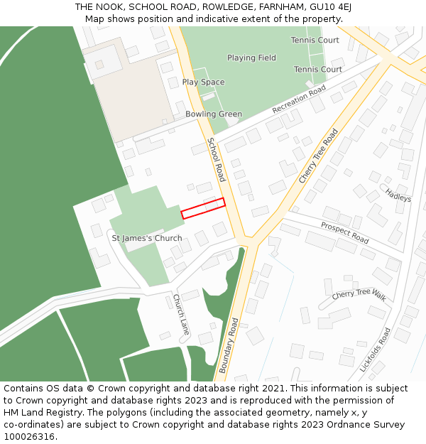 THE NOOK, SCHOOL ROAD, ROWLEDGE, FARNHAM, GU10 4EJ: Location map and indicative extent of plot