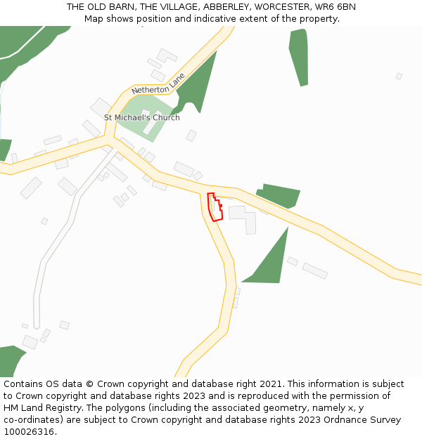 THE OLD BARN, THE VILLAGE, ABBERLEY, WORCESTER, WR6 6BN: Location map and indicative extent of plot