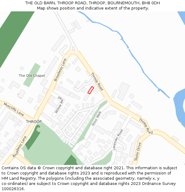 THE OLD BARN, THROOP ROAD, THROOP, BOURNEMOUTH, BH8 0DH: Location map and indicative extent of plot