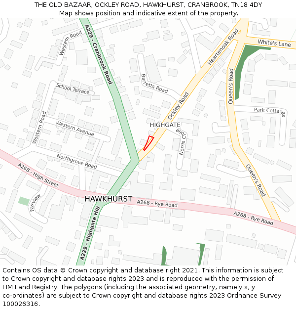 THE OLD BAZAAR, OCKLEY ROAD, HAWKHURST, CRANBROOK, TN18 4DY: Location map and indicative extent of plot