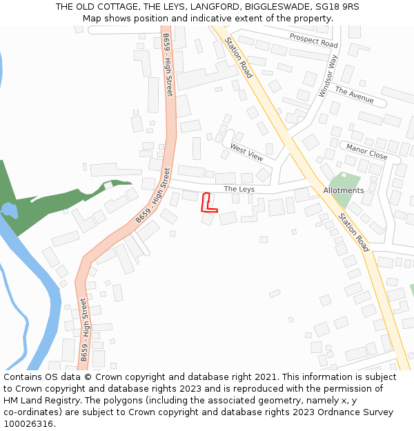 THE OLD COTTAGE, THE LEYS, LANGFORD, BIGGLESWADE, SG18 9RS: Location map and indicative extent of plot