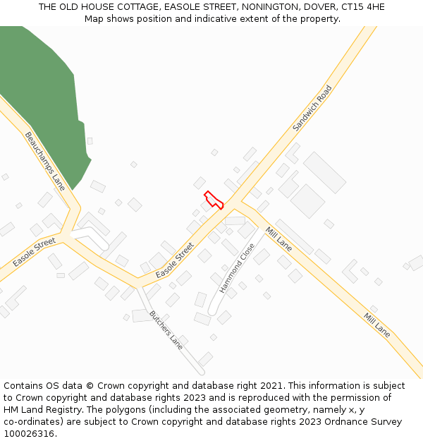 THE OLD HOUSE COTTAGE, EASOLE STREET, NONINGTON, DOVER, CT15 4HE: Location map and indicative extent of plot