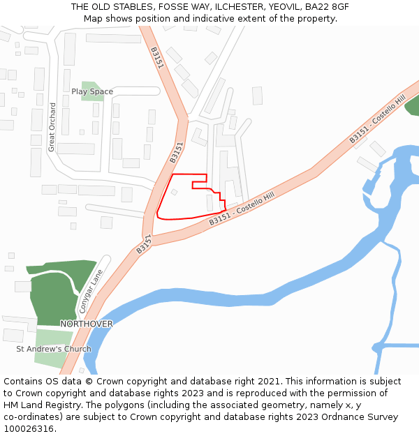 THE OLD STABLES, FOSSE WAY, ILCHESTER, YEOVIL, BA22 8GF: Location map and indicative extent of plot