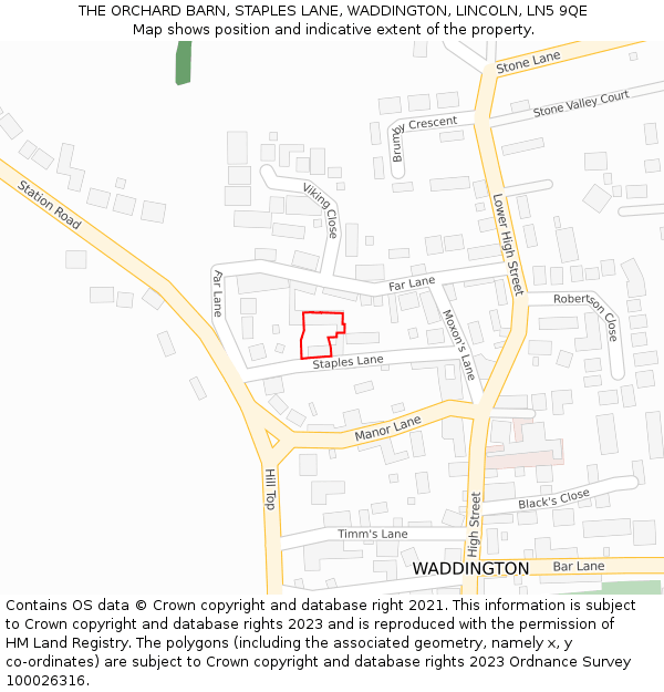 THE ORCHARD BARN, STAPLES LANE, WADDINGTON, LINCOLN, LN5 9QE: Location map and indicative extent of plot