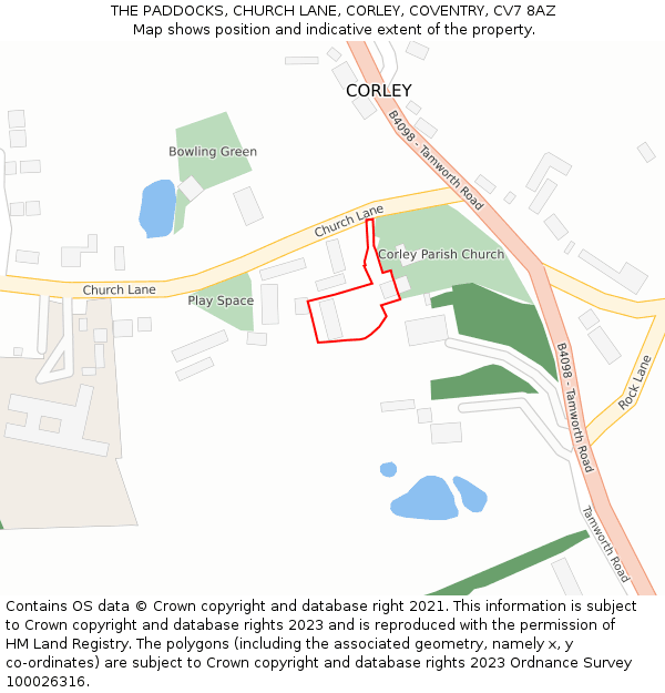 THE PADDOCKS, CHURCH LANE, CORLEY, COVENTRY, CV7 8AZ: Location map and indicative extent of plot