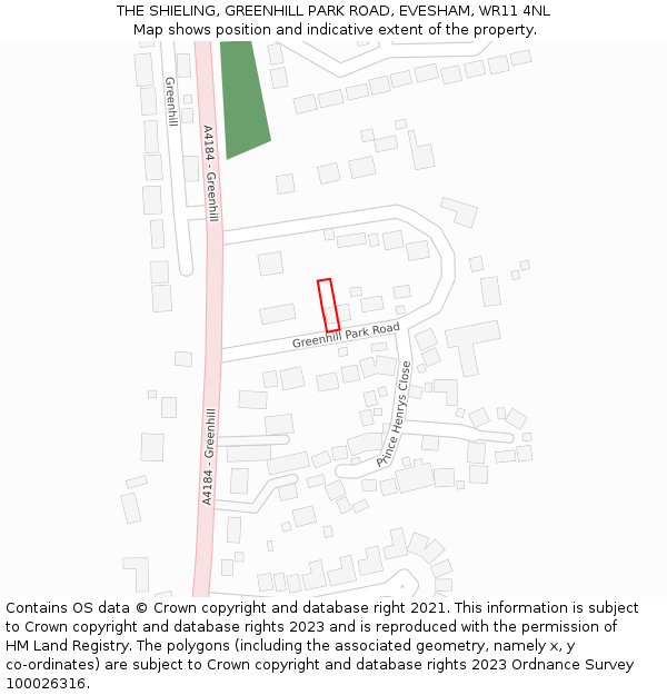 THE SHIELING, GREENHILL PARK ROAD, EVESHAM, WR11 4NL: Location map and indicative extent of plot