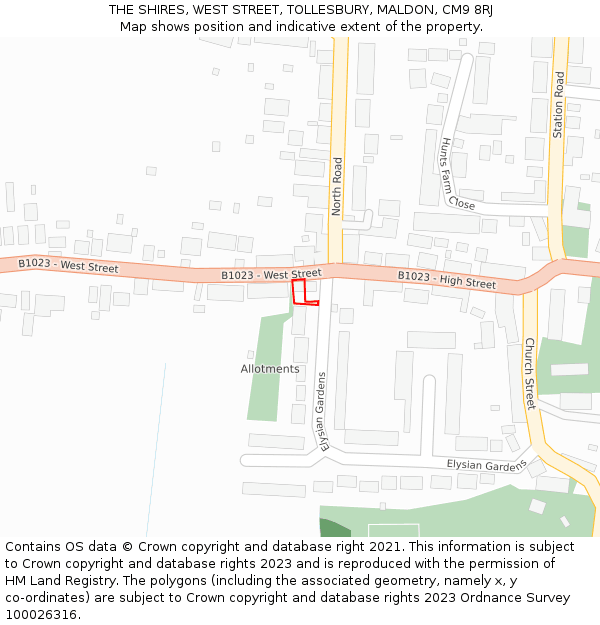 THE SHIRES, WEST STREET, TOLLESBURY, MALDON, CM9 8RJ: Location map and indicative extent of plot