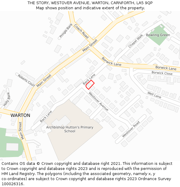 THE STORY, WESTOVER AVENUE, WARTON, CARNFORTH, LA5 9QP: Location map and indicative extent of plot