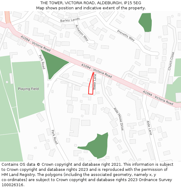 THE TOWER, VICTORIA ROAD, ALDEBURGH, IP15 5EG: Location map and indicative extent of plot
