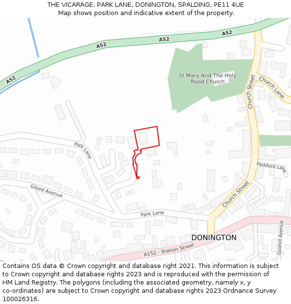 THE VICARAGE, PARK LANE, DONINGTON, SPALDING, PE11 4UE: Location map and indicative extent of plot