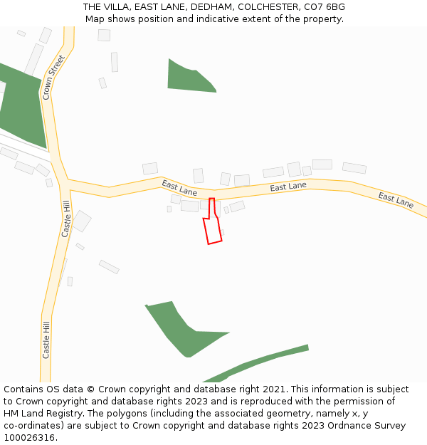 THE VILLA, EAST LANE, DEDHAM, COLCHESTER, CO7 6BG: Location map and indicative extent of plot