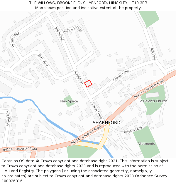 THE WILLOWS, BROOKFIELD, SHARNFORD, HINCKLEY, LE10 3PB: Location map and indicative extent of plot