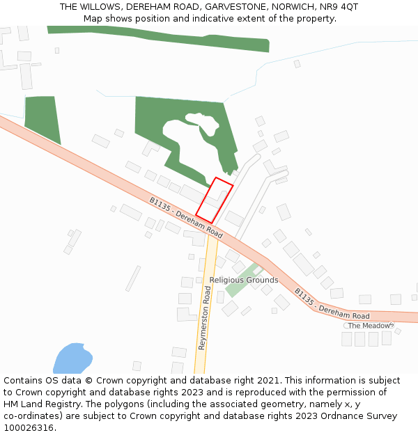 THE WILLOWS, DEREHAM ROAD, GARVESTONE, NORWICH, NR9 4QT: Location map and indicative extent of plot