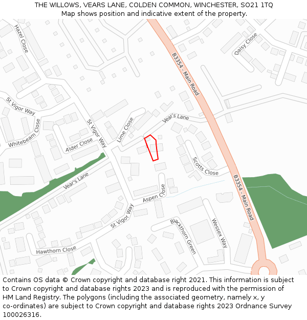 THE WILLOWS, VEARS LANE, COLDEN COMMON, WINCHESTER, SO21 1TQ: Location map and indicative extent of plot