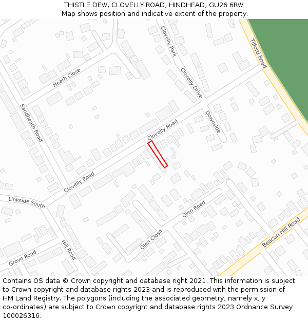 THISTLE DEW, CLOVELLY ROAD, HINDHEAD, GU26 6RW: Location map and indicative extent of plot