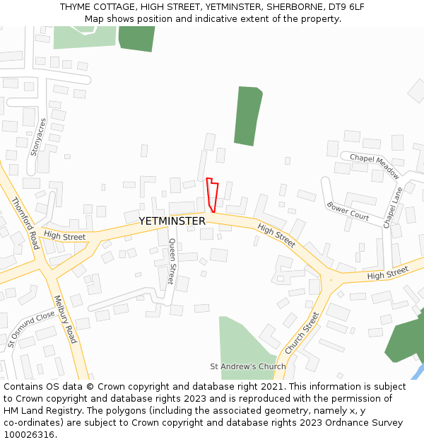 THYME COTTAGE, HIGH STREET, YETMINSTER, SHERBORNE, DT9 6LF: Location map and indicative extent of plot