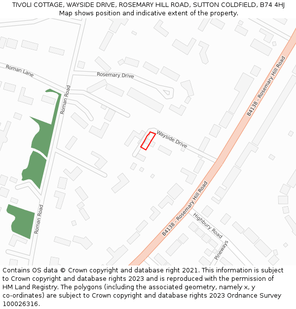 TIVOLI COTTAGE, WAYSIDE DRIVE, ROSEMARY HILL ROAD, SUTTON COLDFIELD, B74 4HJ: Location map and indicative extent of plot