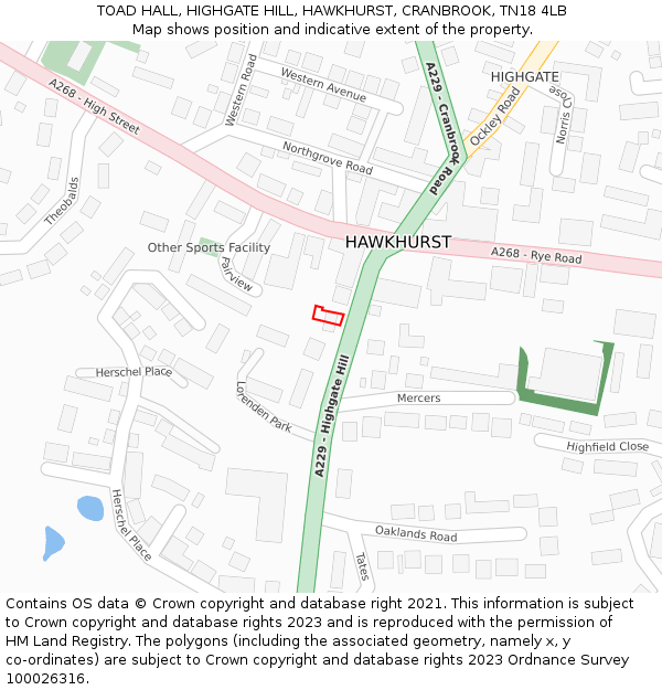 TOAD HALL, HIGHGATE HILL, HAWKHURST, CRANBROOK, TN18 4LB: Location map and indicative extent of plot