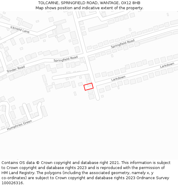 TOLCARNE, SPRINGFIELD ROAD, WANTAGE, OX12 8HB: Location map and indicative extent of plot