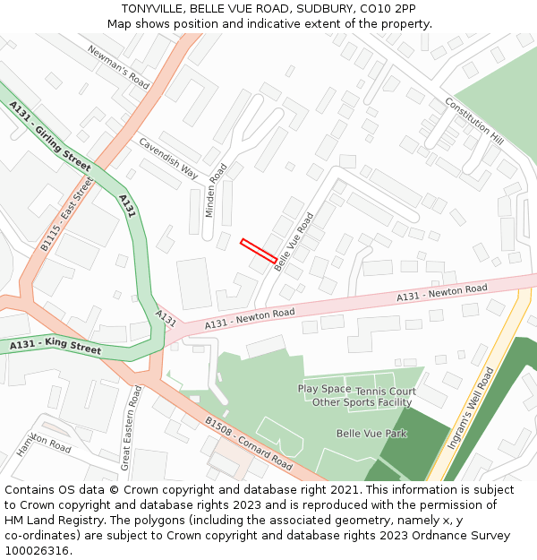 TONYVILLE, BELLE VUE ROAD, SUDBURY, CO10 2PP: Location map and indicative extent of plot