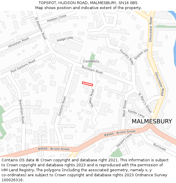 TOPSPOT, HUDSON ROAD, MALMESBURY, SN16 0BS: Location map and indicative extent of plot