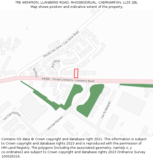 TRE WENFRON, LLANBERIS ROAD, RHOSBODRUAL, CAERNARFON, LL55 2BL: Location map and indicative extent of plot