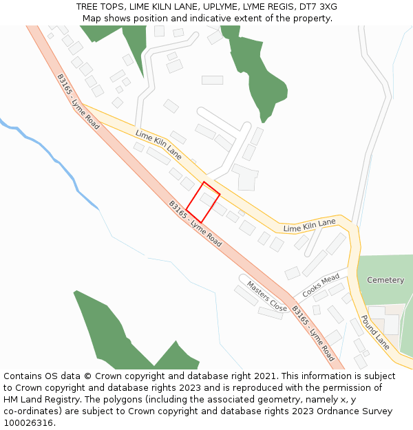 TREE TOPS, LIME KILN LANE, UPLYME, LYME REGIS, DT7 3XG: Location map and indicative extent of plot