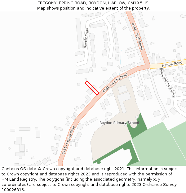 TREGONY, EPPING ROAD, ROYDON, HARLOW, CM19 5HS: Location map and indicative extent of plot