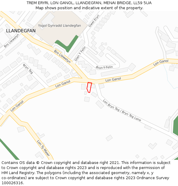 TREM ERYRI, LON GANOL, LLANDEGFAN, MENAI BRIDGE, LL59 5UA: Location map and indicative extent of plot