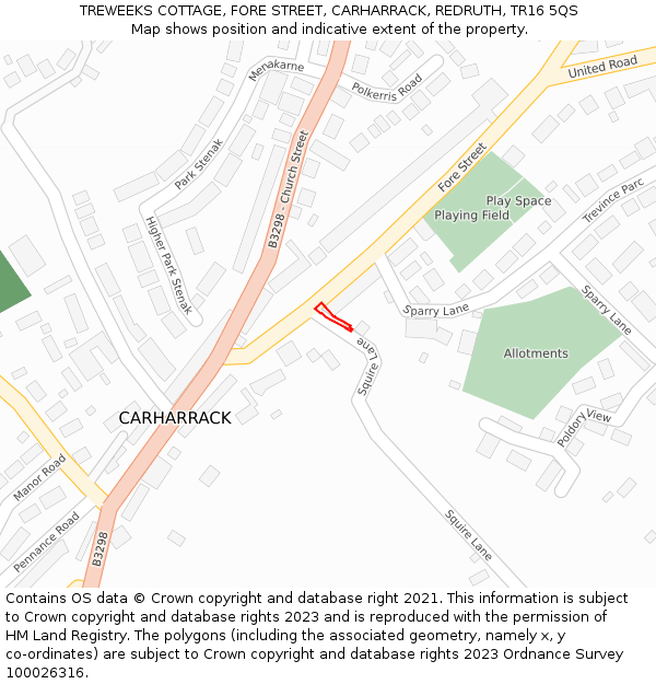 TREWEEKS COTTAGE, FORE STREET, CARHARRACK, REDRUTH, TR16 5QS: Location map and indicative extent of plot