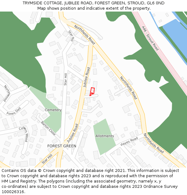 TRYMSIDE COTTAGE, JUBILEE ROAD, FOREST GREEN, STROUD, GL6 0ND: Location map and indicative extent of plot