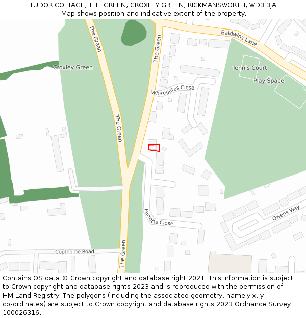 TUDOR COTTAGE, THE GREEN, CROXLEY GREEN, RICKMANSWORTH, WD3 3JA: Location map and indicative extent of plot