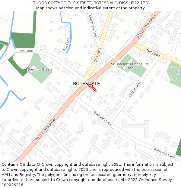 TUDOR COTTAGE, THE STREET, BOTESDALE, DISS, IP22 1BS: Location map and indicative extent of plot